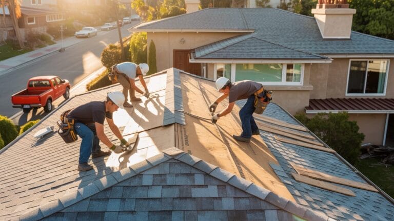 atlas roofing team performing full roof replacement in los angeles