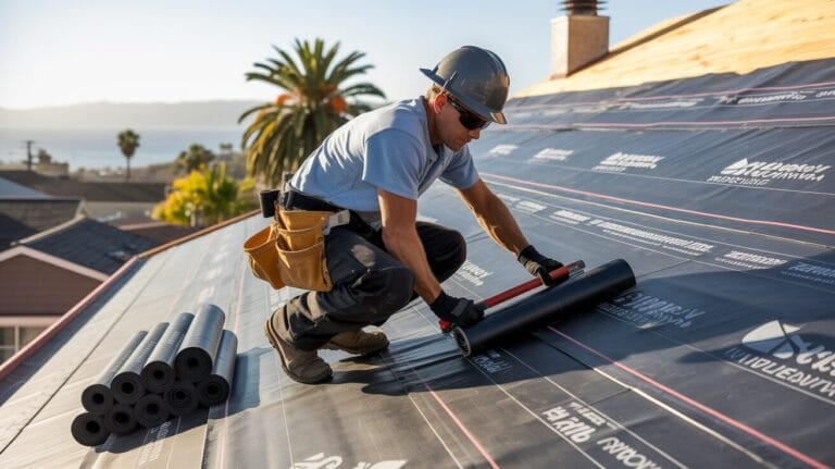 california roofing contractor installing underlayment for new roof installation